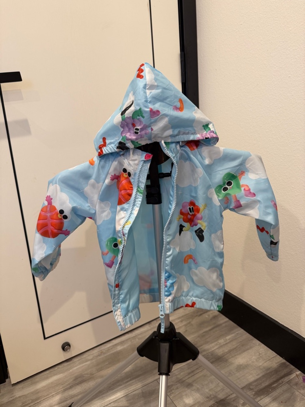 H&M Light Blue Kids Hooded Rain Jacket with Colorful Cartoon Characters